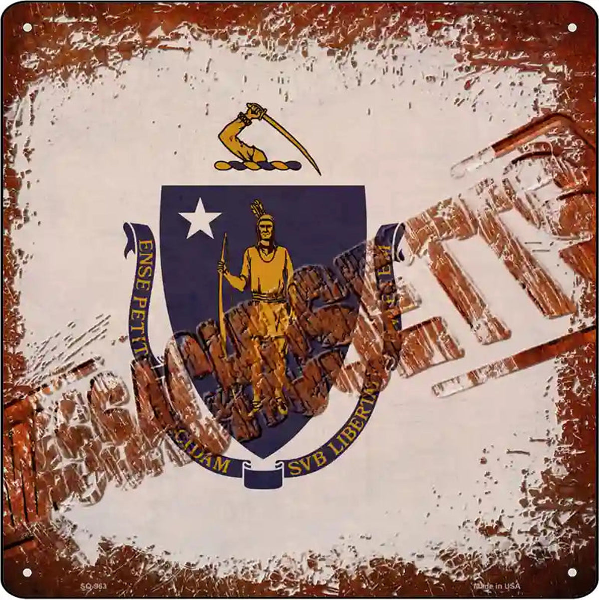 Massachusetts Rusty Stamped Novelty Metal Square Sign