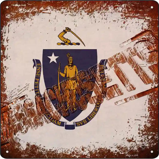 Massachusetts Rusty Stamped Novelty Metal Square Sign