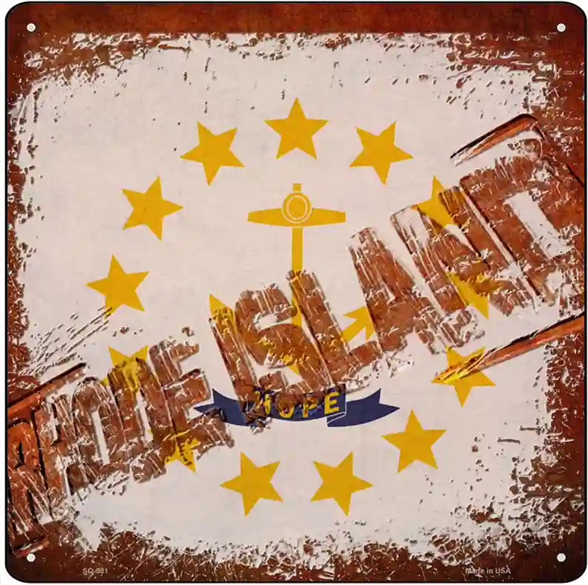 Rhode Island Rusty Stamped Novelty Metal Square Sign