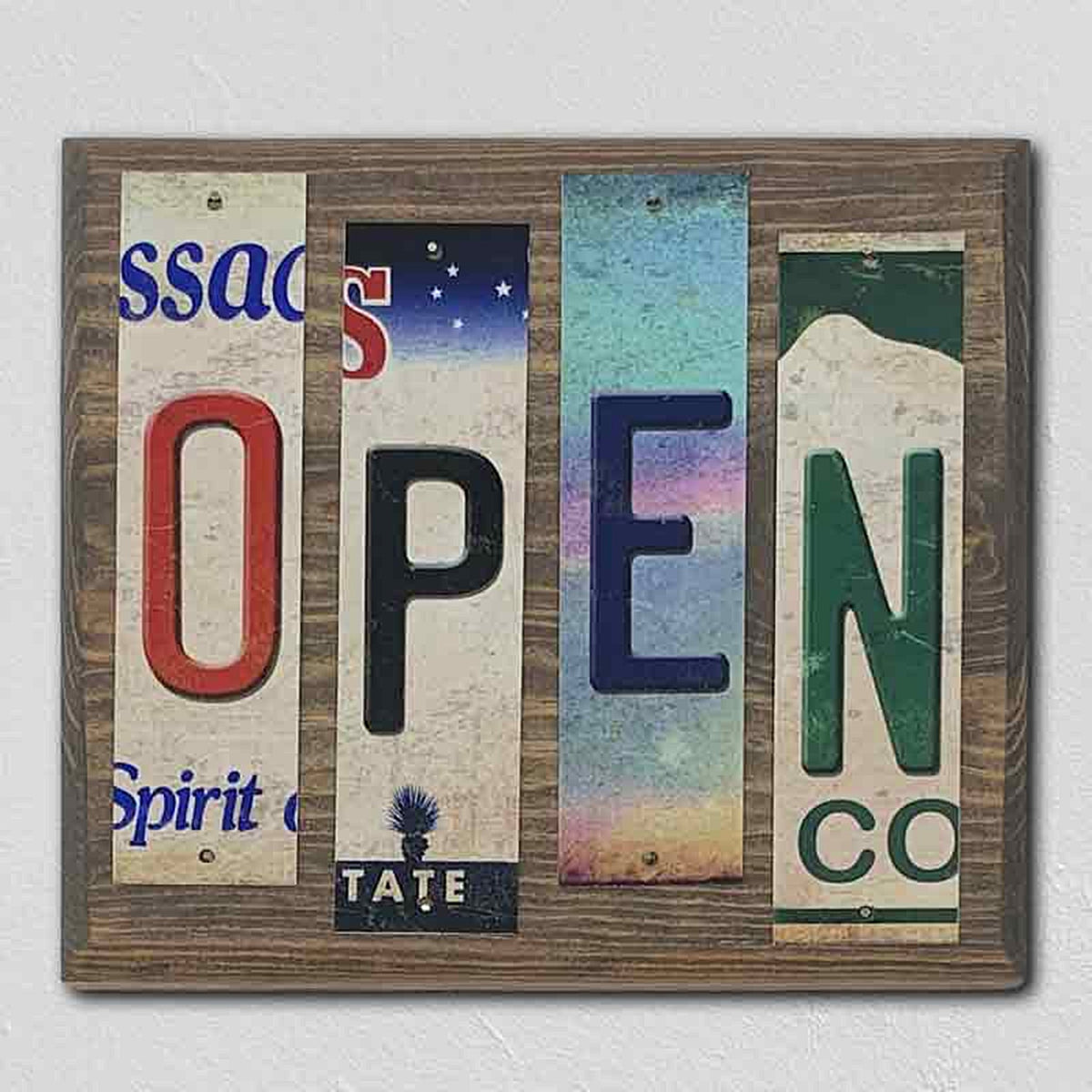 Open License Plate Tag Strip Novelty Wood Sign