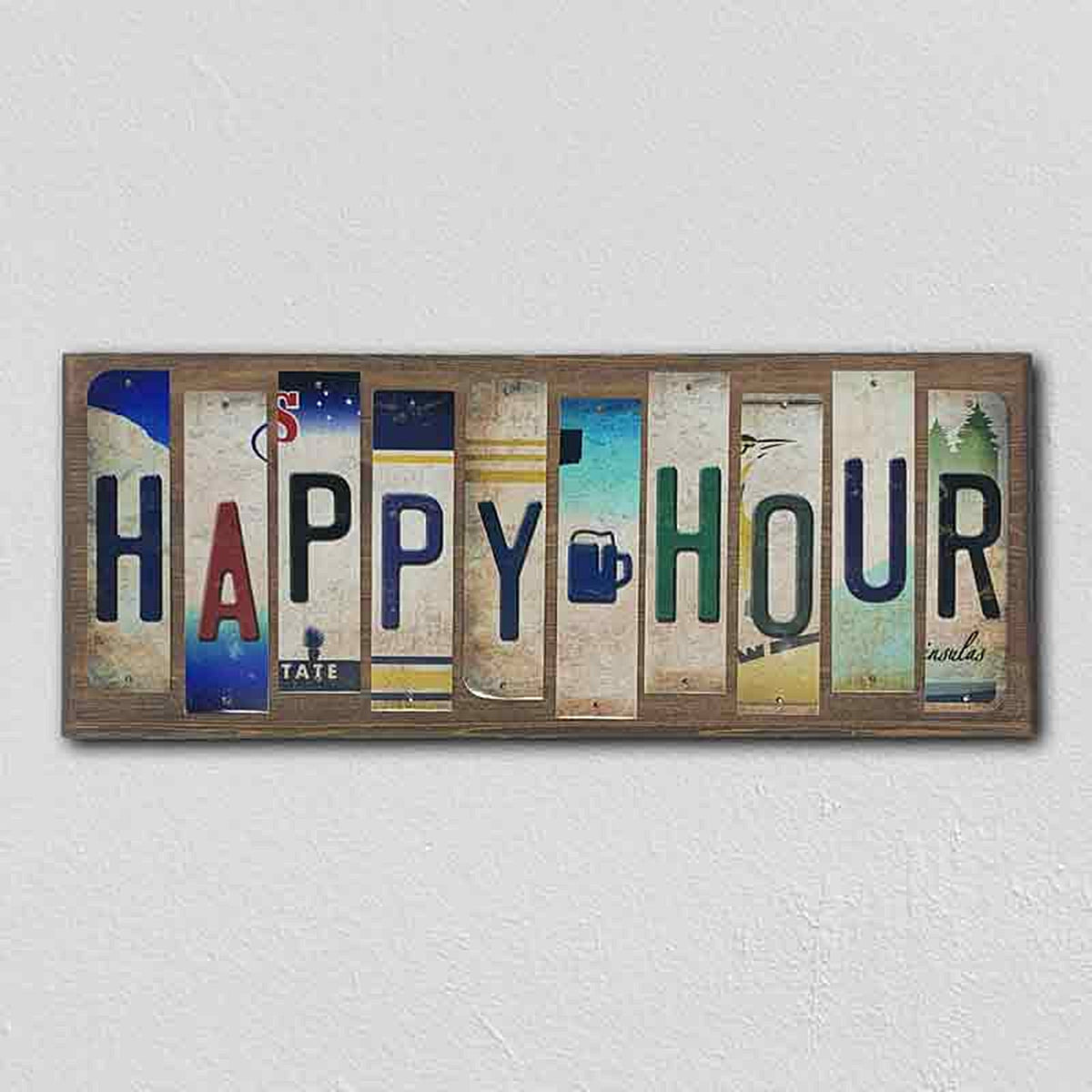 Happy Hour License Plate Tag Strip Novelty Wood Sign
