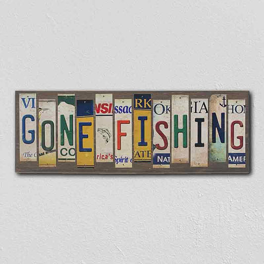 Gone Fishing License Plate Tag Strip Novelty Wood Sign