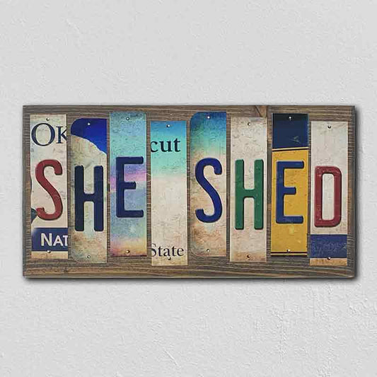 She Shed License Plate Tag Strip Novelty Wood Sign
