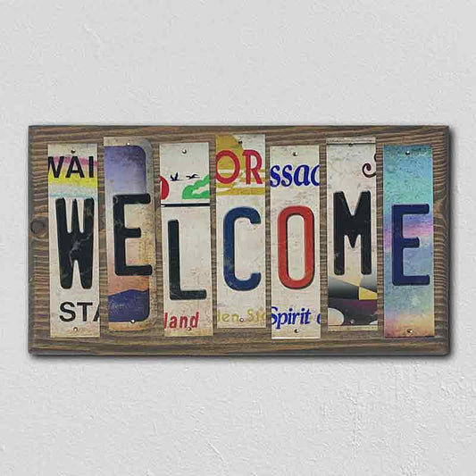Welcome License Plate Tag Strip Novelty Wood Sign