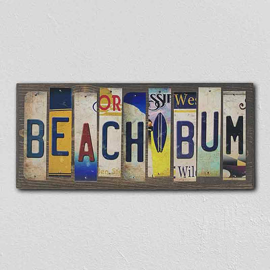 Beach Bum License Plate Tag Strip Novelty Wood Sign