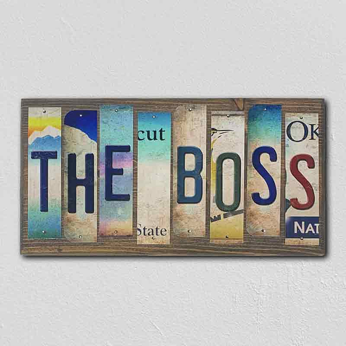The Boss License Plate Tag Strips Novelty Wood Sign