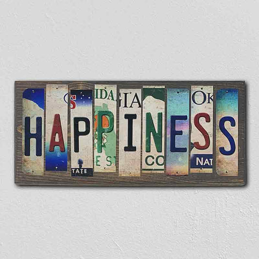Happiness License Plate Tag Strips Novelty Wood Sign
