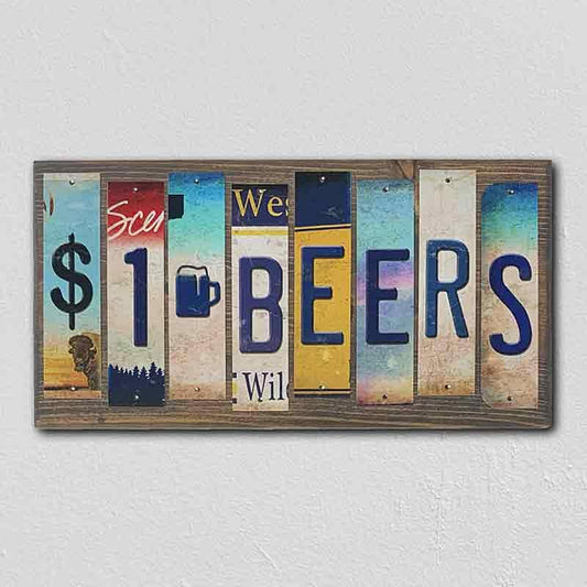 1 Dollar Beers License Plate Tag Strips Novelty Wood Sign