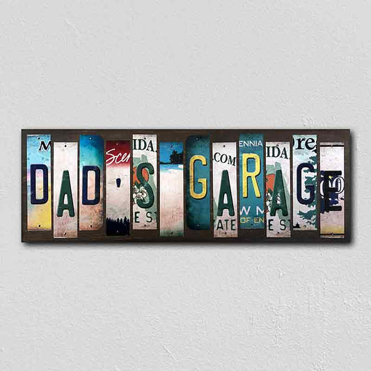 Dads Garage License Plate Tag Strips Novelty Wood Signs